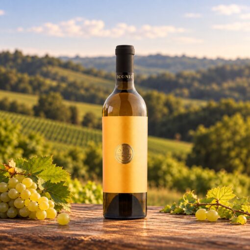 Lagena Škrlet Iconic 0,75 l – boca na drvenom stolu uz prirodne rekvizite i vinograde u Moslavini.