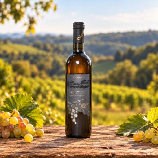 Trdenić Pinot sivi Private Collection 0,75 l – boca na drvenom stolu uz prirodne rekvizite i vinograde u Moslavini.