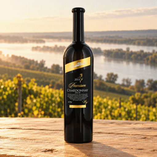 Antunović Chardonnay Premium sur lie 0,75 l – boca u ambijentu nadahnutom područjem Erdut.