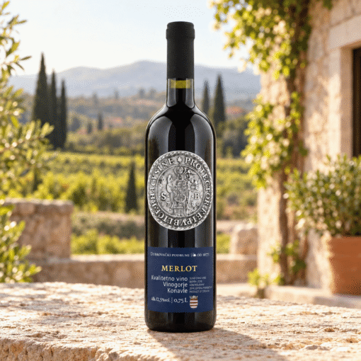 Dubrovački Podrumi Merlot 0,75 l – boca u ambijentu nadahnutom područjem Konavle.
