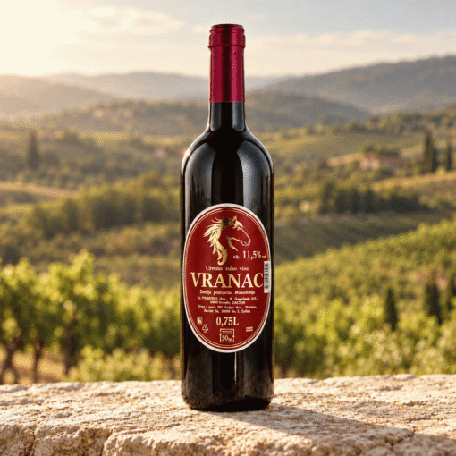 Domestic Spirits Vranac 0,75 l – boca na kamenoj podlozi uz zamućen kontinentalni vinograd.