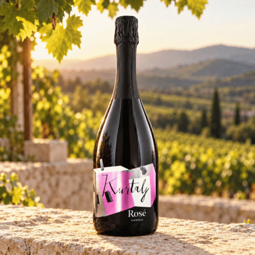 Kurtalj Rosé pjenušac 0,75 l – boca u ambijentu nadahnutom područjem Plešivica.