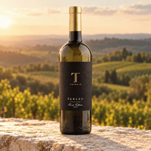 Trdenić Škrlet Private Collection 0,75 l – boca na prirodnoj podlozi u ambijentu nadahnutom područjem Moslavina.