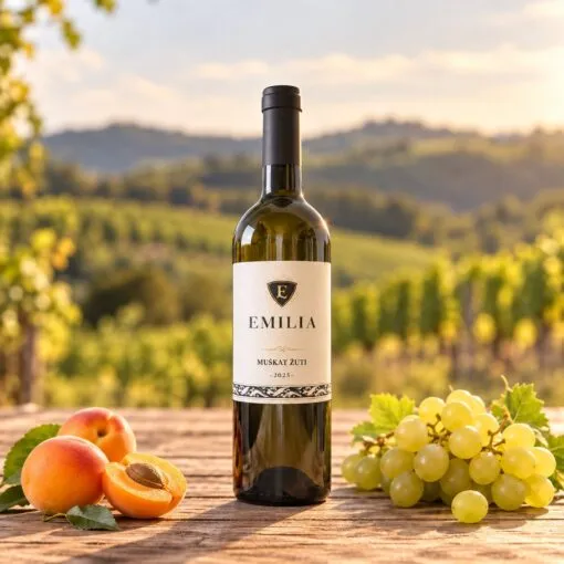 EMILIA Muškat žuti 0,75 l – boca na drvenom stolu uz prirodne rekvizite i vinograde u Sloveniji.