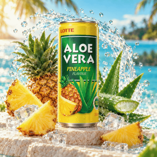 Aloe Vera Ananas 0,24 l u tropskom ambijentu s aloe verom, ledom i vodom u pokretu.