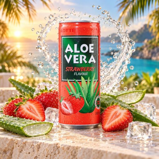 Aloe Vera Jagoda 0,24 l u tropskom ambijentu s aloe verom, ledom i vodom u pokretu.