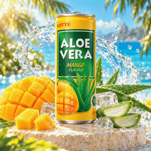 Aloe Vera Mango 0,24 l u tropskom ambijentu s aloe verom, ledom i vodom u pokretu.