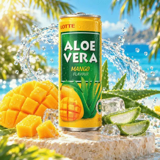 Aloe Vera Mango 0,24 l u tropskom ambijentu s aloe verom, ledom i vodom u pokretu.