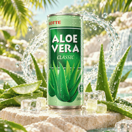 Aloe Vera Classic 0,24 l u tropskom ambijentu s aloe verom, ledom i vodom u pokretu.