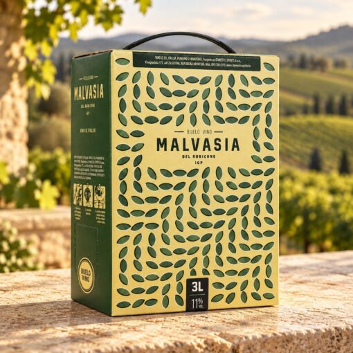 Malvasia Bag in Box 3 l – kartonsko pakiranje s ručkom na prirodnoj podlozi u ambijentu nadahnutom talijanskim vinogradima.