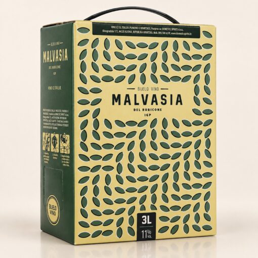 Malvasia Bag in Box 3 l – studijska fotografija kartonskog pakiranja od 3 litre s ručkom na krem podlozi.