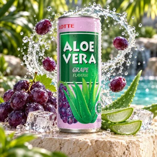 Aloe Vera Grape 0,24 l u tropskom ambijentu s aloe verom, ledom i vodom u pokretu.
