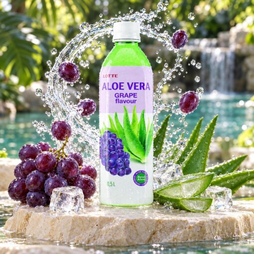 Aloe Vera Grape 0,50 l u tropskom ambijentu s aloe verom, ledom i vodom u pokretu.