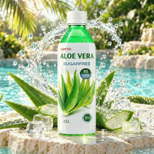 Aloe Vera Sugarfree 0,50 l u tropskom ambijentu s aloe verom, ledom i vodom u pokretu.