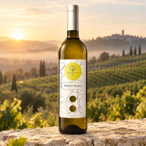 Pilato Pinot bijeli 0,75 l – boca na prirodnoj podlozi u ambijentu nadahnutom područjem Istra.