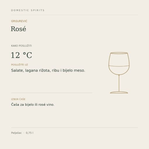 Grgurević Rosé 0,75 l – preporuka posluživanja: 12 °C; Salate, lagana rižota, ribu i bijelo meso.