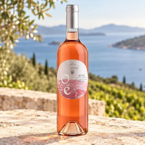 Grgurević Rosé 0,75 l – boca u ambijentu nadahnutom područjem Pelješac.