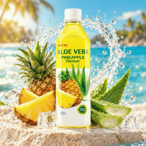 Aloe Vera Ananas 0,50 l u tropskom ambijentu s aloe verom, ledom i vodom u pokretu.