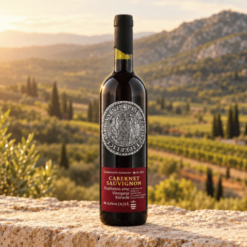 Dubrovački Podrumi Cabernet Sauvignon 0,75 l – boca u ambijentu nadahnutom područjem Konavle.