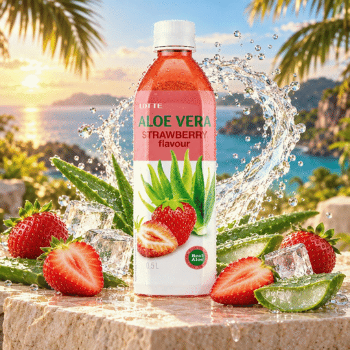 Aloe Vera Jagoda 0,50 l u tropskom ambijentu s aloe verom, ledom i vodom u pokretu.