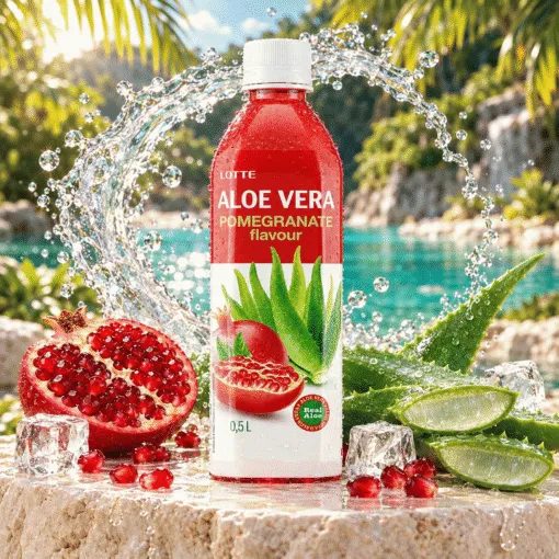 Aloe Vera Nar 0,50 l u tropskom ambijentu s aloe verom, ledom i vodom u pokretu.