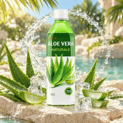 Aloe Vera Naturale 0,50 l u tropskom ambijentu s aloe verom, ledom i vodom u pokretu.
