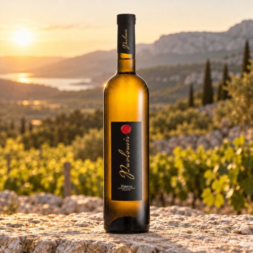 Pavlomir Žlahtina Grand Cru 0,75 l – boca na prirodnoj podlozi u ambijentu nadahnutom područjem Hrvatsko primorje · Vinodol.