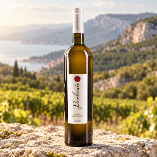 Pavlomir Žlahtina 0,75 l – boca na prirodnoj podlozi u ambijentu nadahnutom područjem Hrvatsko primorje · Vinodol.