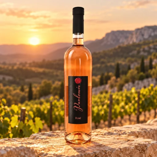 Pavlomir Rosé 0,75 l – boca na prirodnoj podlozi u ambijentu nadahnutom područjem Hrvatsko primorje · Vinodol.