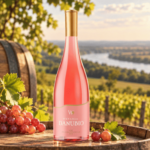 Danubio Rosé 0,75 l – boca na drvenom stolu uz prirodne rekvizite i vinograde u Hrvatskom Podunavlju.