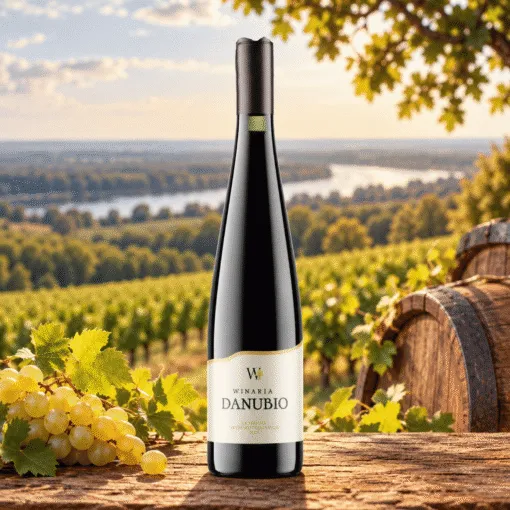 Danubio Graševina Reserva 0,75 l – boca na drvenom stolu uz prirodne rekvizite i vinograde u Hrvatskom Podunavlju.