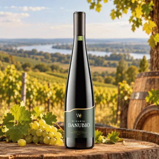 Danubio Rajnski rizling Reserva 0,75 l – boca na drvenom stolu uz prirodne rekvizite i vinograde u Hrvatskom Podunavlju.