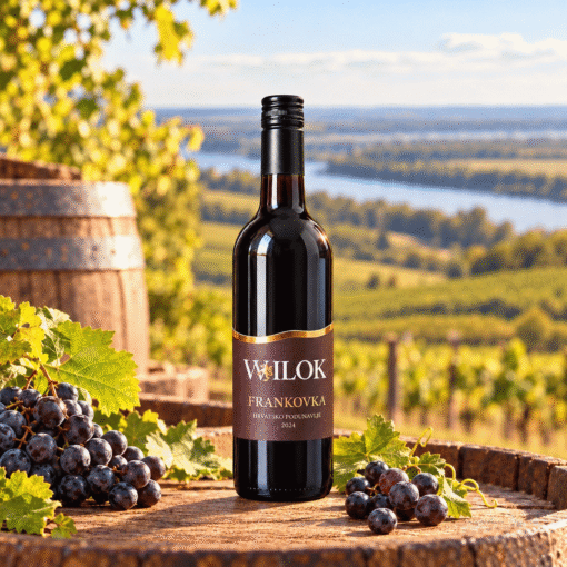 Wilok Frankovka 0,75 l – boca na drvenom stolu uz prirodne rekvizite i vinograde u Hrvatskom Podunavlju.