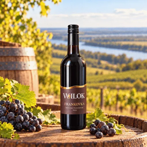 Wilok Frankovka 0,75 l – boca na drvenom stolu uz prirodne rekvizite i vinograde u Hrvatskom Podunavlju.