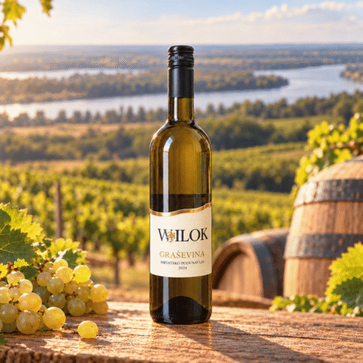 Wilok Graševina 0,75 l – boca na drvenom stolu uz prirodne rekvizite i vinograde u Hrvatskom Podunavlju.