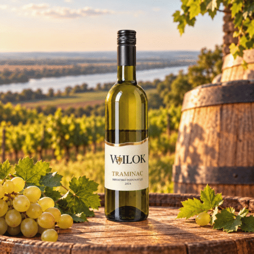 Wilok Traminac 0,75 l – boca na drvenom stolu uz prirodne rekvizite i vinograde u Hrvatskom Podunavlju.