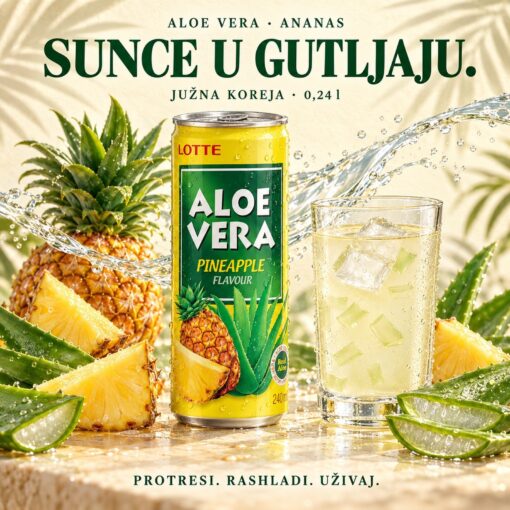 Degustacijska kartica za Aloe Vera Ananas 0,24 l s čašom napitka, aloe verom i porukom Protresi. Rashladi. Uživaj.