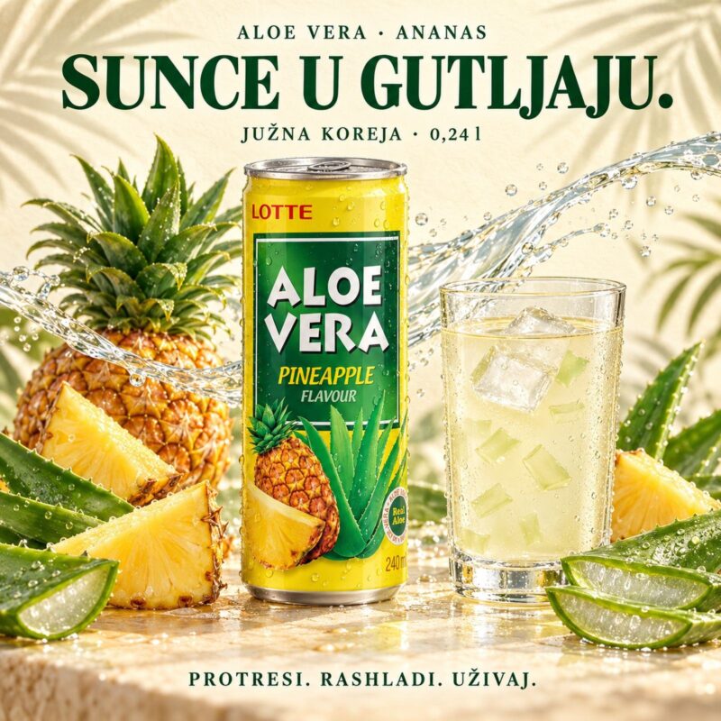 Degustacijska kartica za Aloe Vera Ananas 0,24 l s čašom napitka, aloe verom i porukom Protresi. Rashladi. Uživaj.