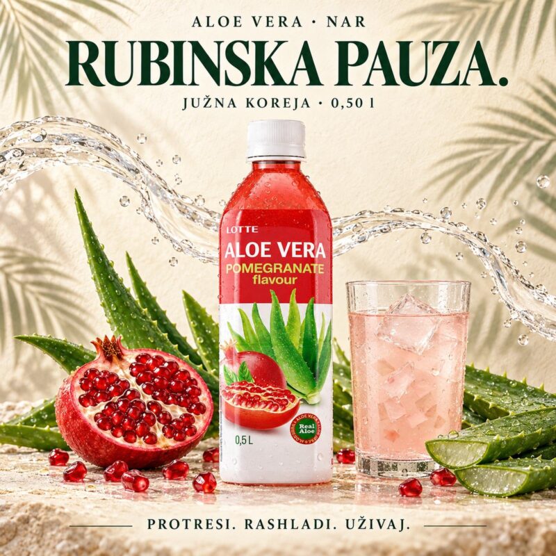 Degustacijska kartica za Aloe Vera Nar 0,50 l s čašom napitka, aloe verom i porukom Protresi. Rashladi. Uživaj.
