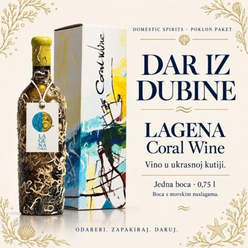 Lagena Coral Wine 0,75 l – „Dar iz dubine”: boca s morskim naslagama i ukrasna kutija.