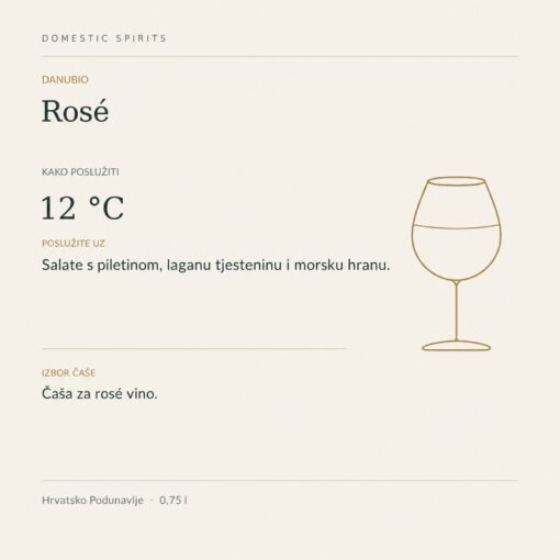 Danubio Rosé 0,75 l – kako poslužiti: 12 °C, Salate s piletinom, laganu tjesteninu i morsku hranu. Čaša za rosé vino.