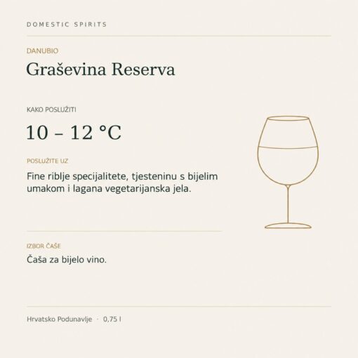 Danubio Graševina Reserva 0,75 l – kako poslužiti: 10 – 12 °C, Fine riblje specijalitete, tjesteninu s bijelim umakom i lagana vegetarijanska jela. Čaša za bijelo vino.