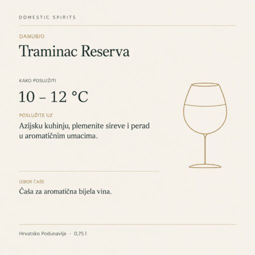 Danubio Traminac Reserva 0,75 l – kako poslužiti: 10 – 12 °C, Azijsku kuhinju, plemenite sireve i perad u aromatičnim umacima. Čaša za aromatična bijela vina.