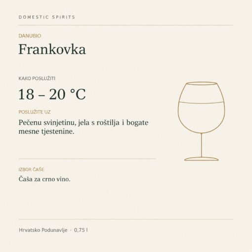 Danubio Frankovka 0,75 l – kako poslužiti: 18 – 20 °C, Pečenu svinjetinu, jela s roštilja i bogate mesne tjestenine. Čaša za crno vino.