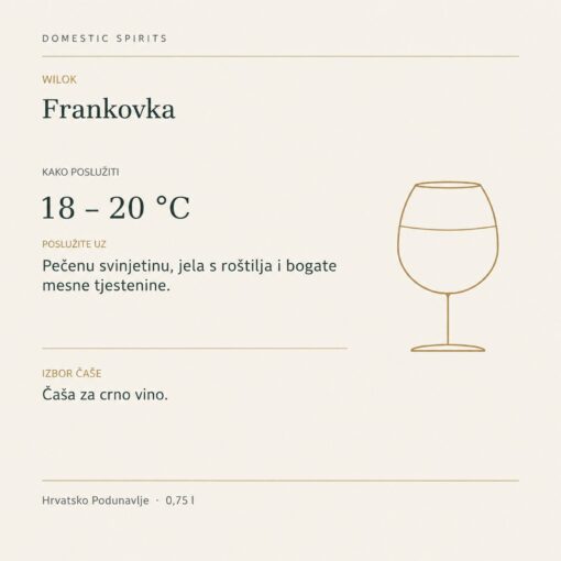 Wilok Frankovka 0,75 l – kako poslužiti: 18 – 20 °C, Pečenu svinjetinu, jela s roštilja i bogate mesne tjestenine. Čaša za crno vino.
