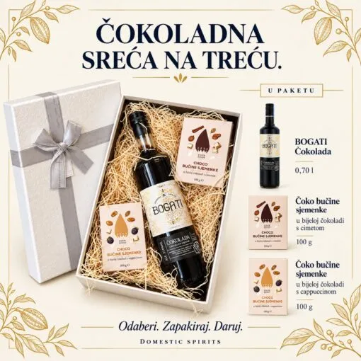 Poklon paket „Čokolada na treću – za sreću” – prikaz sadržaja: BOGATI Čokolada · 0,70 l, Čoko bučine sjemenke u bijeloj čokoladi s cimetom · 100 g, Čoko bučine sjemenke u bijeloj čokoladi s cappuccinom · 100 g.