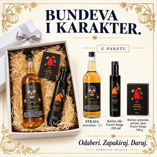 „Buč-na STRAVA” poklon paket – prikaz sadržaja: STRAVA travarica · 1 l, Bučino ulje Fo(u)r Kings · 250 ml, Bučine sjemenke, pržene, ljute Fo(u)r Kings · 100 g.