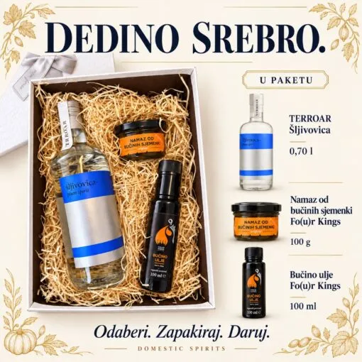 „Dedino srebro” poklon paket – prikaz sadržaja: TERROAR Šljivovica · 0,70 l, Namaz od bučinih sjemenki Fo(u)r Kings · 100 g, Bučino ulje Fo(u)r Kings · 100 ml.
