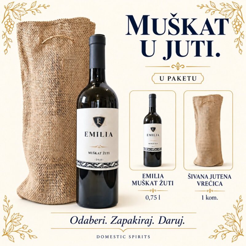 EMILIA Muškat poklon paket – prikaz sadržaja: EMILIA Muškat žuti · 0,75 l, Šivana jutena vrećica · 1 kom.