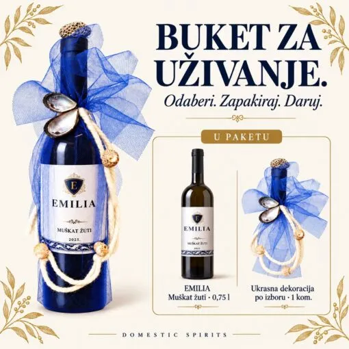 EMILIA Muškat buket – prikaz sadržaja: EMILIA Muškat žuti · 0,75 l, Ukrasna dekoracija po izboru · 1 kom.